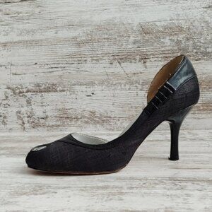🟨C Label Black Leather Peep Toe D'orsay Pump